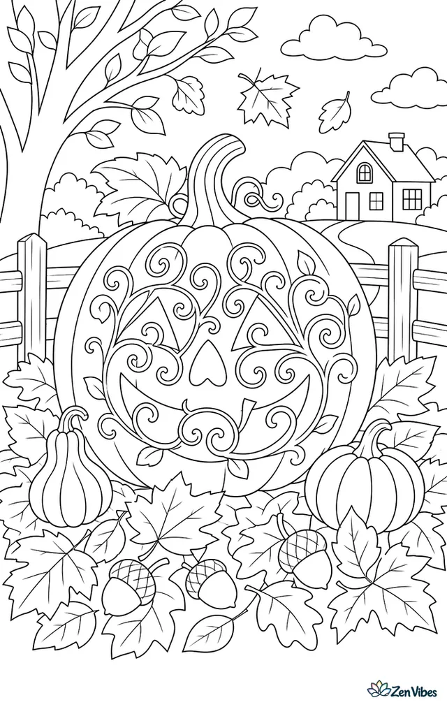 A carved pumpkin whose face is filled with curling vine patterns, resting on a bed of fallen leaves with acorns and small gourds around it