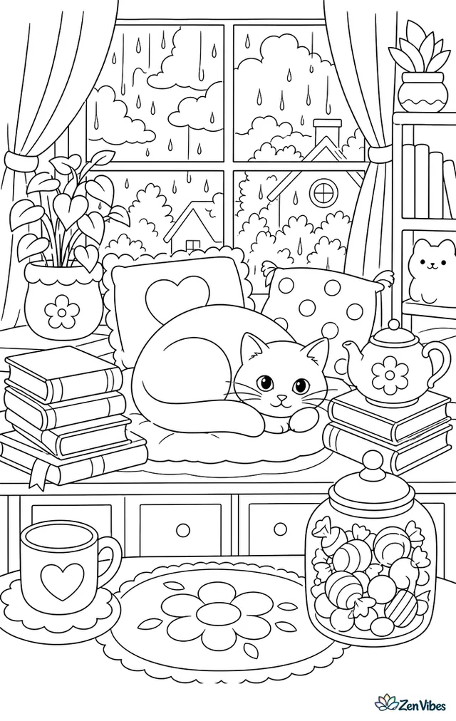 A cat curled on a cushioned window seat surrounded by stacked books, a teapot, and a jar of candy, with rain running down the glass