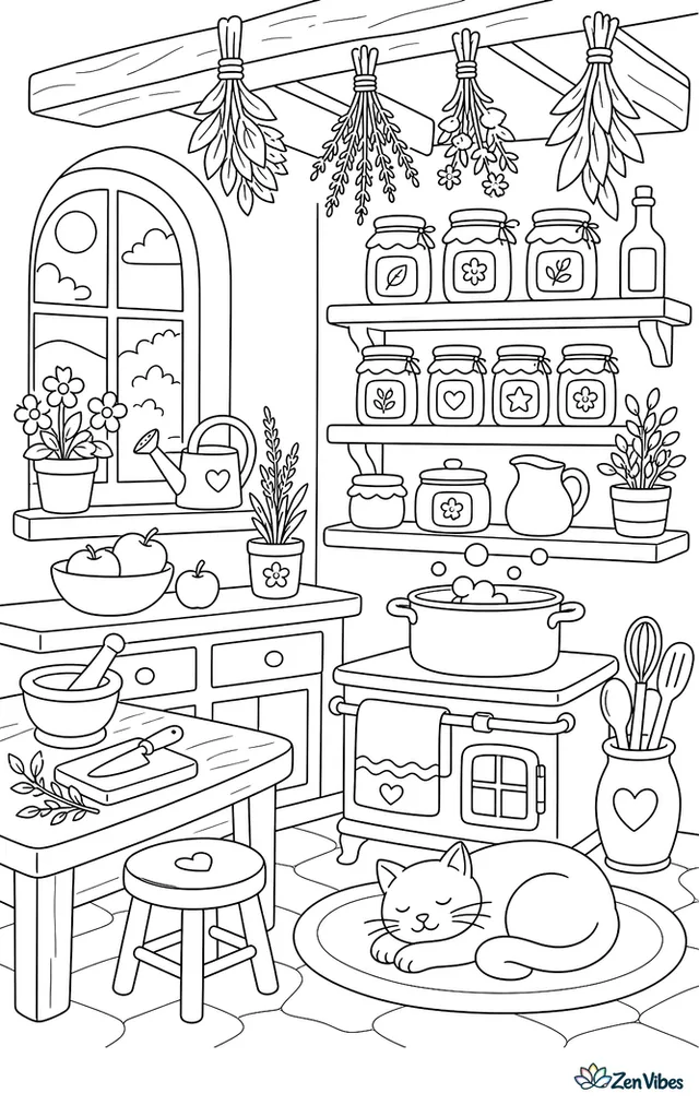 A cozy kitchen with shelves of labeled jars, bundled herbs hanging from the beams, a bubbling pot, and a cat asleep by the stove