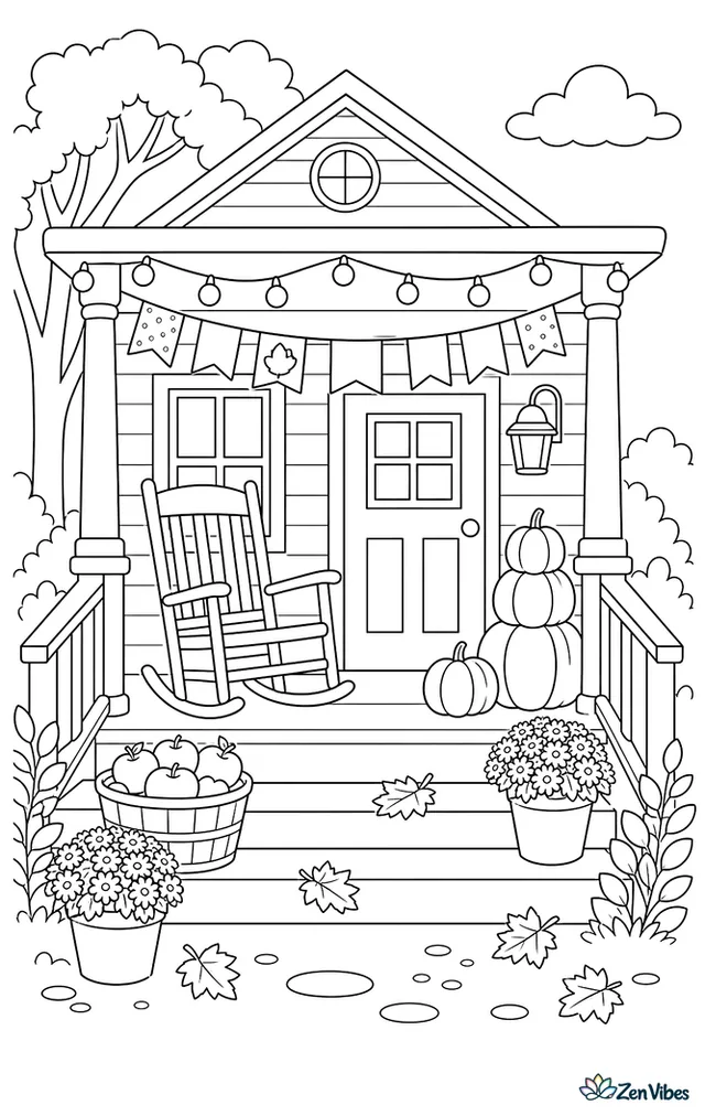 A porch with strung lights, a rocking chair, stacked pumpkins, a paper garland, and a basket of apples sitting by the steps