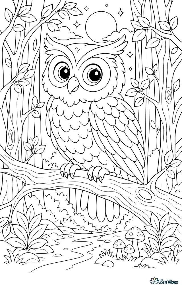 A large owl with layered feathers perched on a thick branch in a forest of tall trunks, with moonlight falling through the leaves