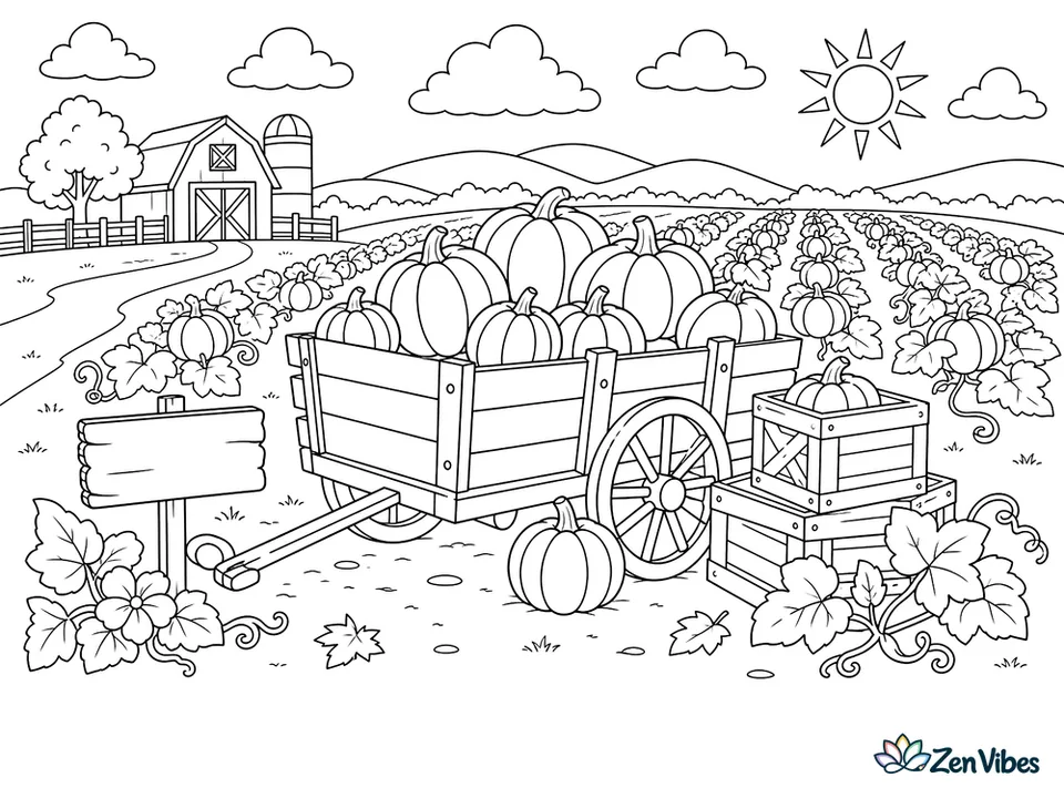 A wooden wagon loaded with pumpkins beside stacked crates, a hand-lettered sign, and rows of vines running back to the horizon