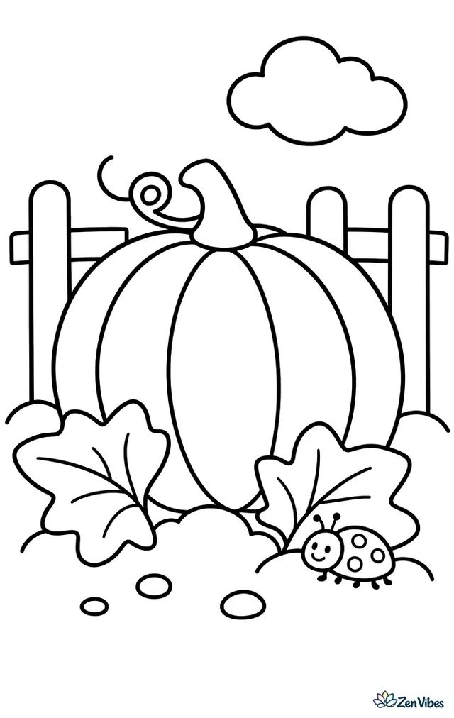 A round sugar pie pumpkin sits in a garden patch beside two broad leaves and a tiny ladybug, with simple soil mounds, a short fence, and one puffy cloud overhead.