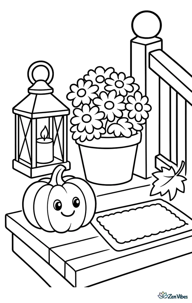 A small Jack Be Little pumpkin rests on a wooden porch step near a doormat and one potted chrysanthemum, with a lantern, railing post, and falling maple leaf nearby.