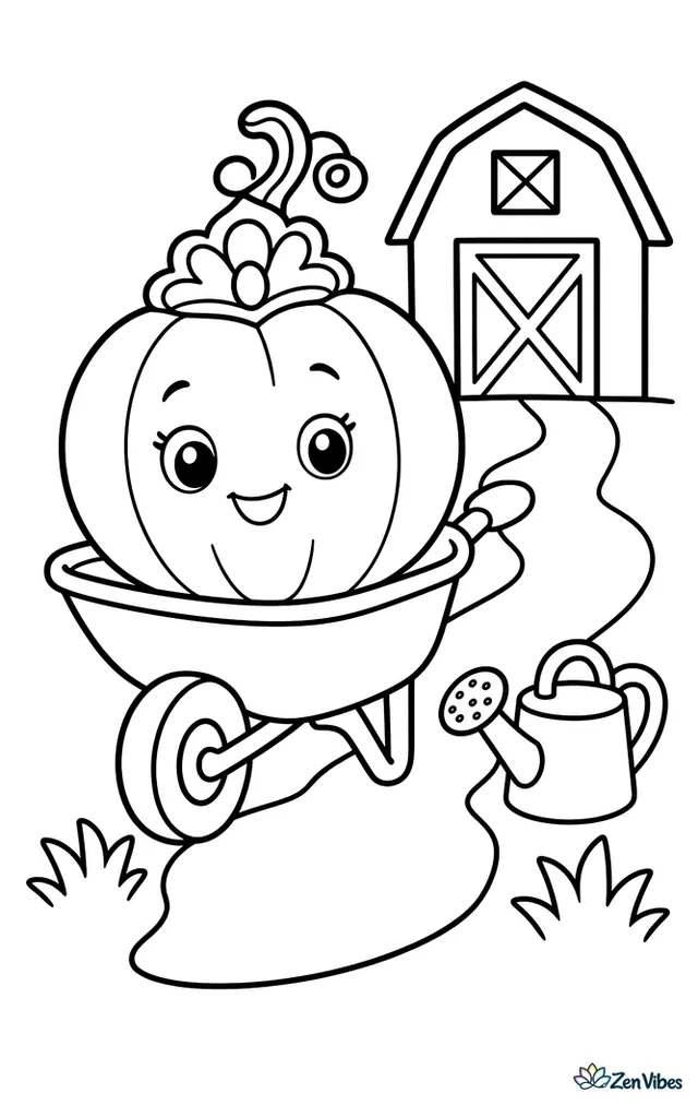 A pale Cinderella pumpkin rides in a garden wheelbarrow being pushed along a path, surrounded by two tufts of grass, a watering can, and a simple barn in the distance.