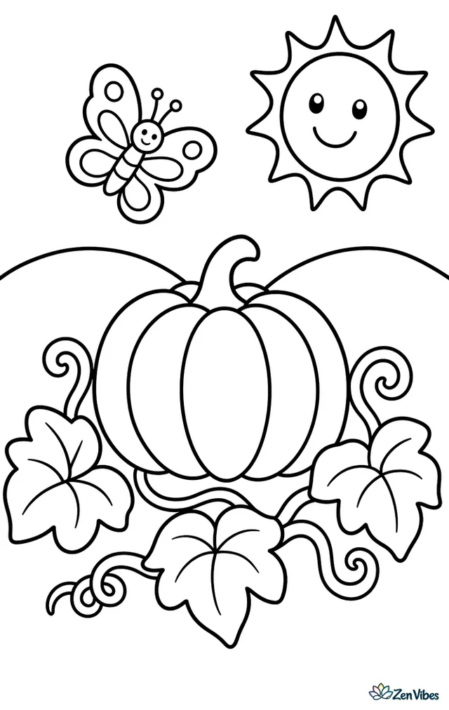 A Fairytale pumpkin grows on a curling vine in an open field, with three large leaves, a butterfly above, low hills behind, and a bright sun in the corner.