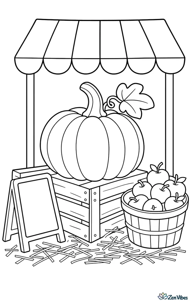 A blue-gray Jarrahdale pumpkin sits on a farm market crate beside a chalkboard price sign, with apples in a basket, striped awning above, and scattered straw underneath.