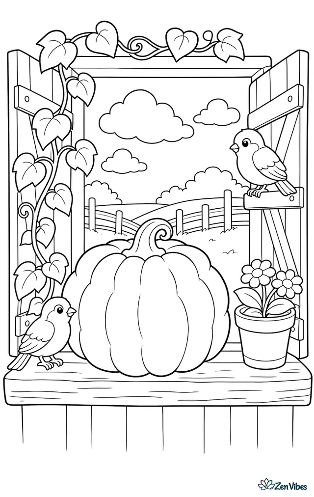 A pink Cotton Candy pumpkin is displayed on a barn windowsill, where two sparrows perch nearby among climbing vines, flowerpots, and a distant pasture fence under drifting clouds.