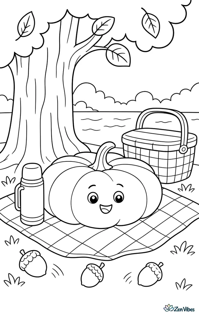 A flattened Long Island Cheese pumpkin rests on a picnic blanket while acorns roll nearby, with a thermos, plaid basket, leafy tree trunk, and a calm lake in back.