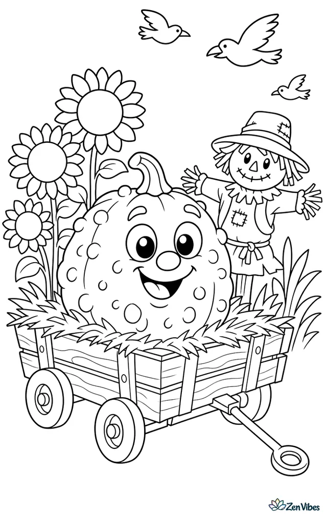 A warty Knucklehead pumpkin bumps along in a wooden wagon filled with hay, accompanied by sunflowers, a scarecrow in the field, and crows flying far above.