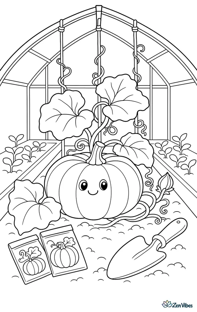 A dark green kabocha pumpkin grows inside a greenhouse bed, surrounded by trellis strings, seed packets, a garden trowel, and rows of seedlings under glass panes.