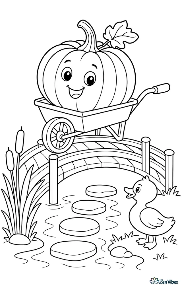 A blue hubbard pumpkin balances in a small handcart crossing a garden bridge, with cattails by the pond, stepping stones, and a duck watching from shore.