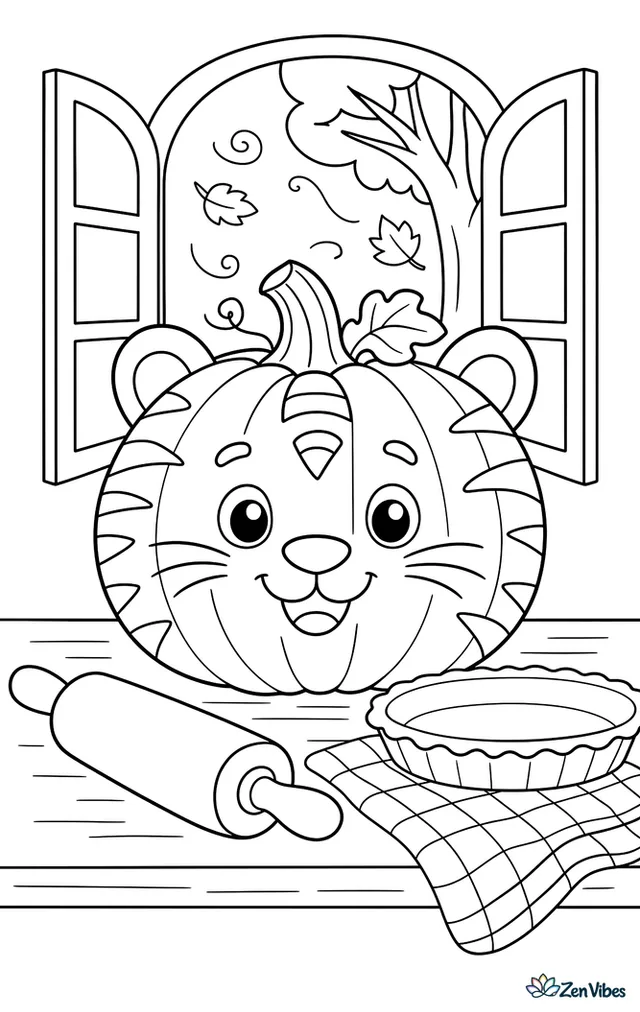 A striped Mini Tiger pumpkin waits on a kitchen table beside a rolling pin, pie dish, checkered towel, and open window showing a tree with swirling autumn leaves.