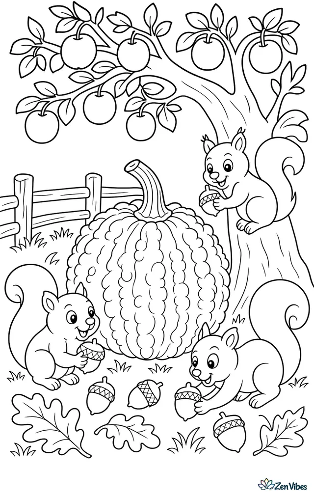 A peanut pumpkin, also called Galeux d'Eysines, sits beneath an orchard tree while squirrels gather acorns nearby, with fallen fruit, grass clumps, and a split-rail fence.
