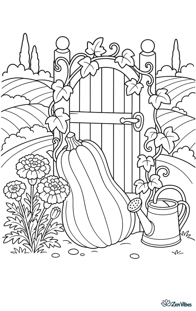 A Musquee de Provence pumpkin leans against a garden gate wrapped in vines, with marigolds blooming below, a watering can nearby, and rolling farmland beyond.