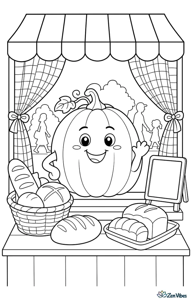 A White Boer pumpkin stands in a bakery window display next to loaves of bread, with gingham curtains, stacked baskets, a tiny chalk menu, and passersby silhouettes outside.