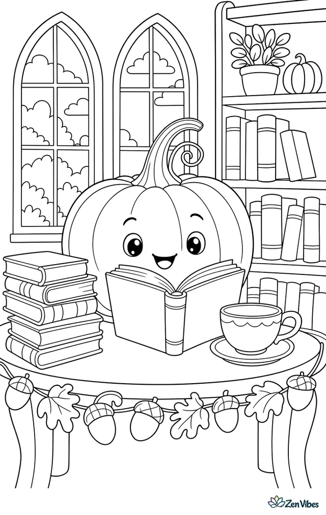 A Styrian seed pumpkin sits on a reading table in a cozy library nook, surrounded by stacked books, an acorn garland, a teacup, and tall shelves under arched windows.