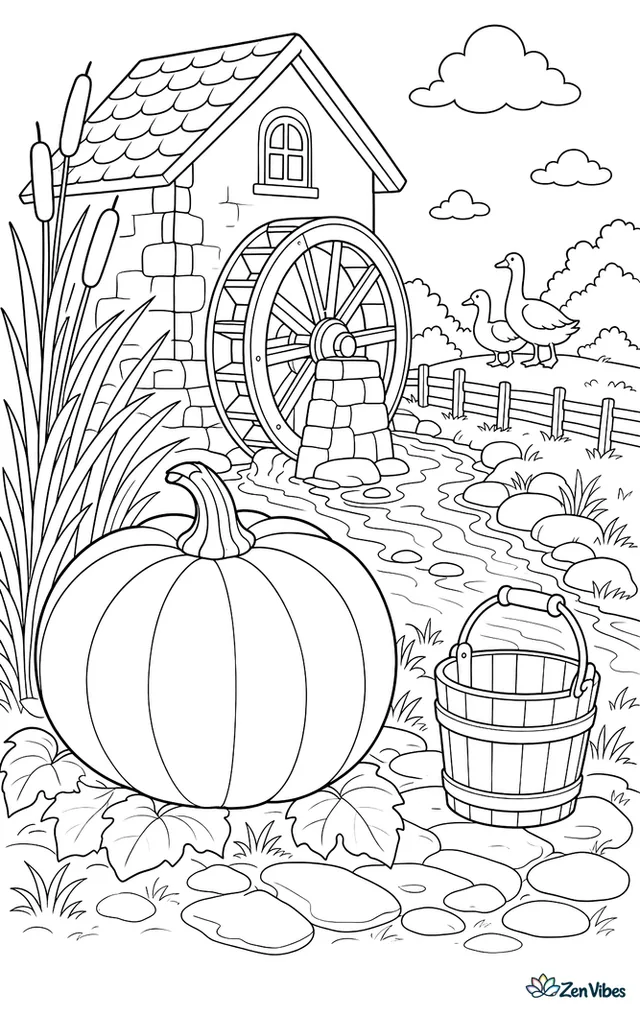 A red kuri pumpkin rests beside an old watermill stream, while reeds sway nearby and a wooden bucket, stone path, turning wheel, and distant geese complete the scene.