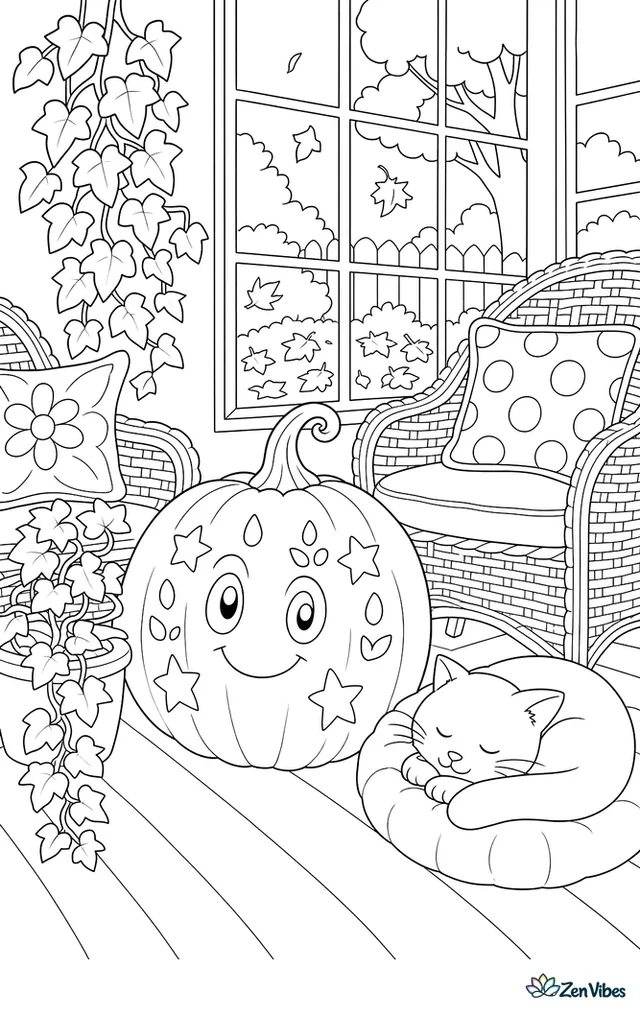 A white Lumina pumpkin decorates a sunroom floor among wicker chairs, trailing ivy, patterned cushions, and a sleeping cat, with windowpanes revealing a backyard full of leaves.