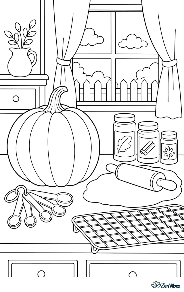 A Dickinson pumpkin sits on a farmhouse counter while dough is being rolled nearby, with measuring spoons, spice jars, a cooling rack, and curtained windows framing the kitchen.
