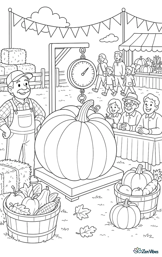 An Atlantic Giant pumpkin is being weighed at a harvest festival, surrounded by bunting, hay bales, smiling judges' table, baskets of produce, and families walking between stalls.