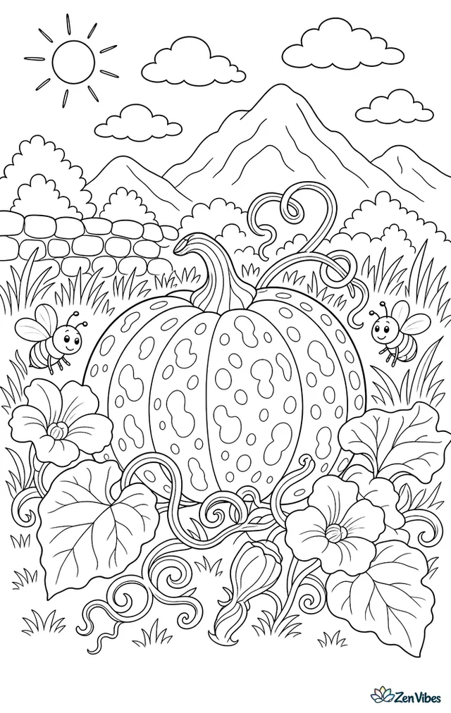 A Speckled Hound pumpkin grows in a sunny meadow patch where bees visit blossoms, with twisting tendrils, tall grasses, a stone wall, and mountains beneath layered clouds.