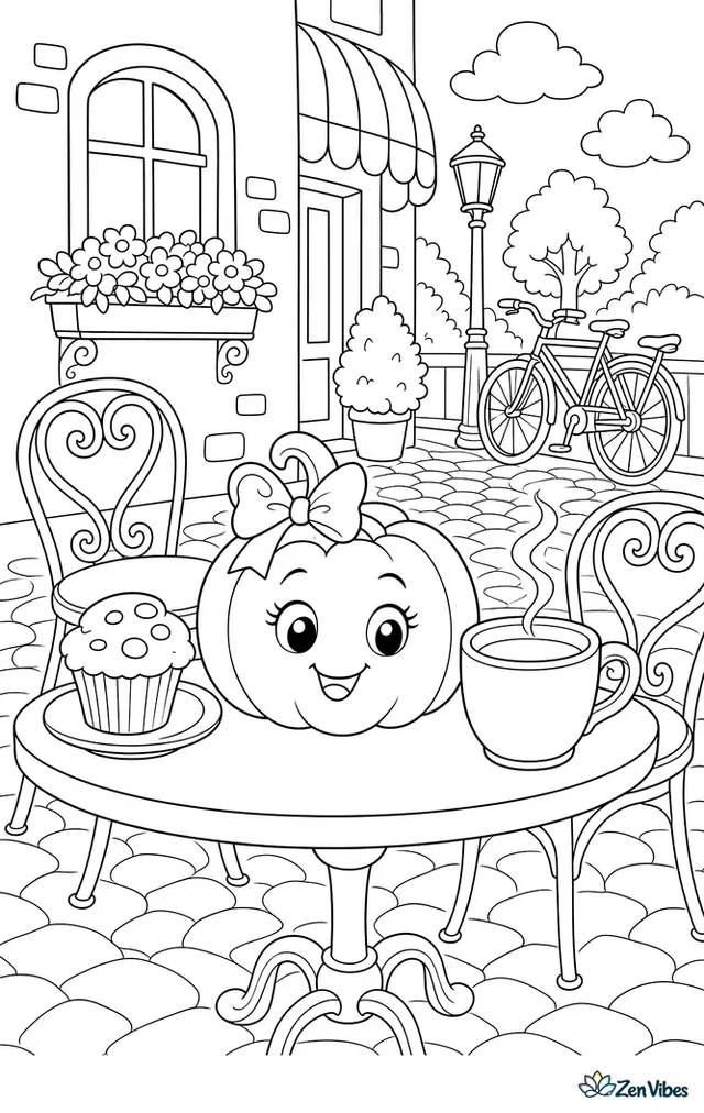 A tiny white Casperita pumpkin sits on an outdoor cafe table beside a muffin and steaming mug, with iron chairs, window boxes, cobblestones, and bicycles parked along the street.