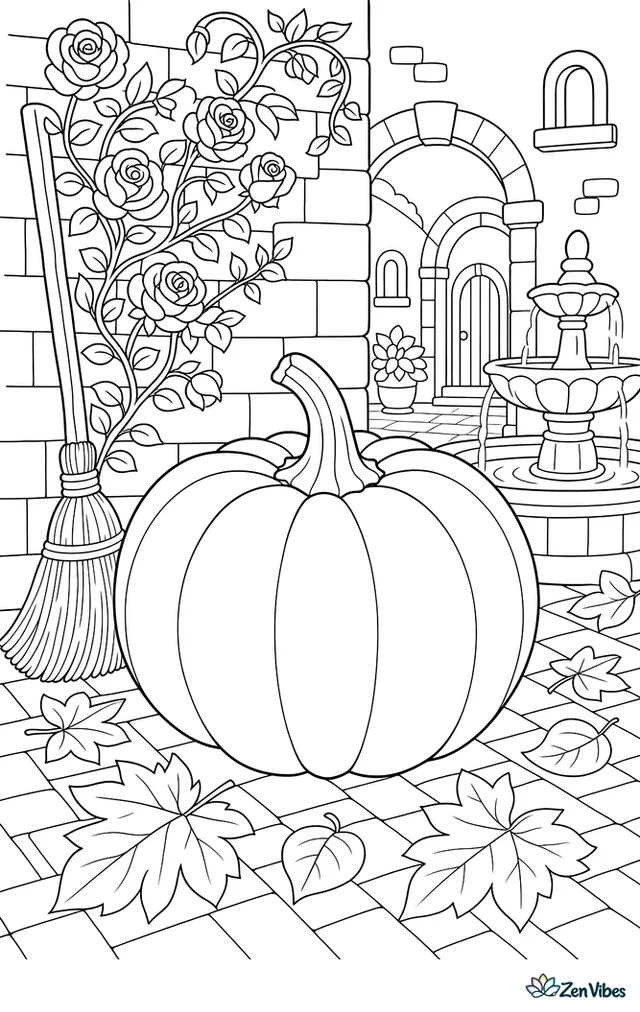A Black Futsu pumpkin rests in a brick courtyard near a fountain, surrounded by fallen leaves, climbing roses, a broom leaning on the wall, and arched doorways beyond.