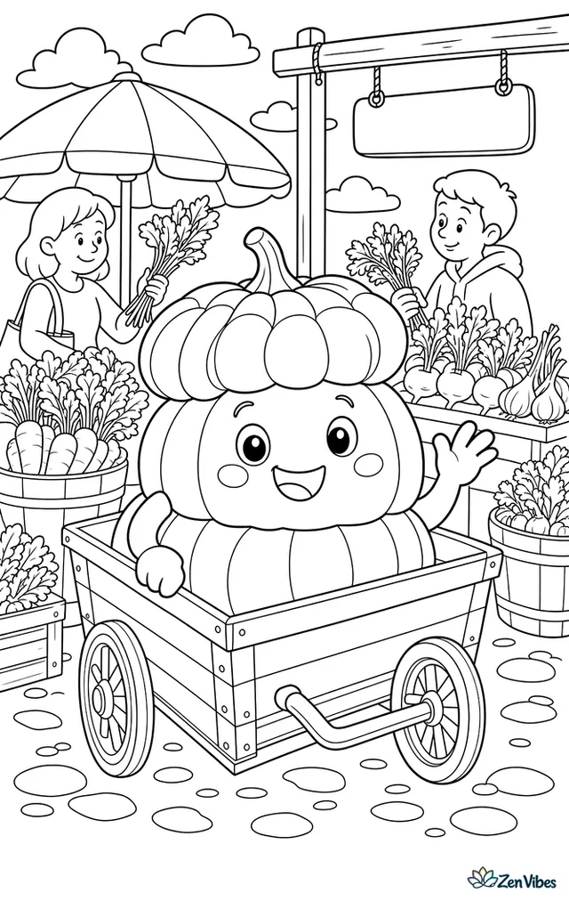 A colorful turban squash-style pumpkin rides in a produce cart at a town market, with hanging signs, barrels, umbrellas, and shoppers browsing bunches of herbs and root vegetables.
