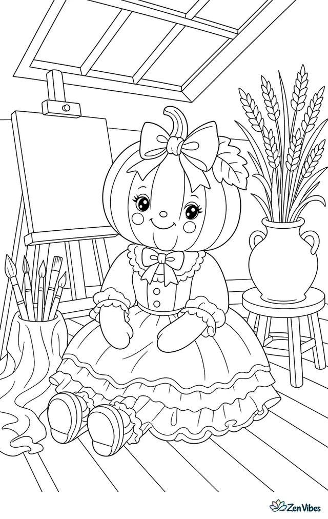 A Porcelain Doll pink pumpkin is arranged in an artist's studio beside paintbrushes, blank canvas, draped cloth, and a vase of dried wheat under a high skylight.