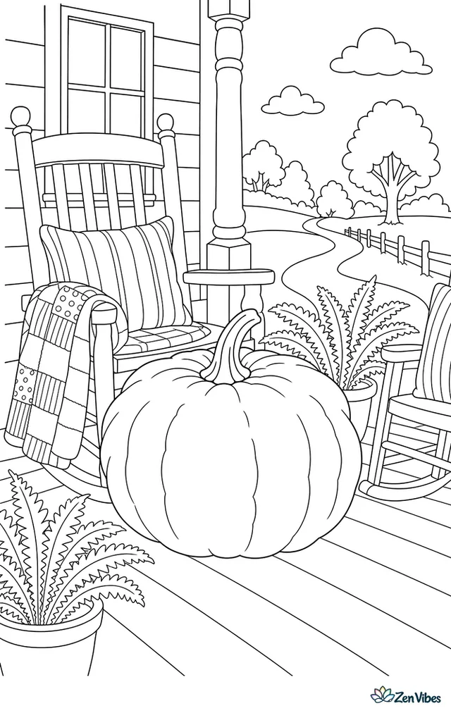 A Tennessee Sweet Potato pumpkin sits on a shaded veranda near rocking chairs, with striped cushions, potted ferns, a patchwork quilt, and a field path winding toward trees.
