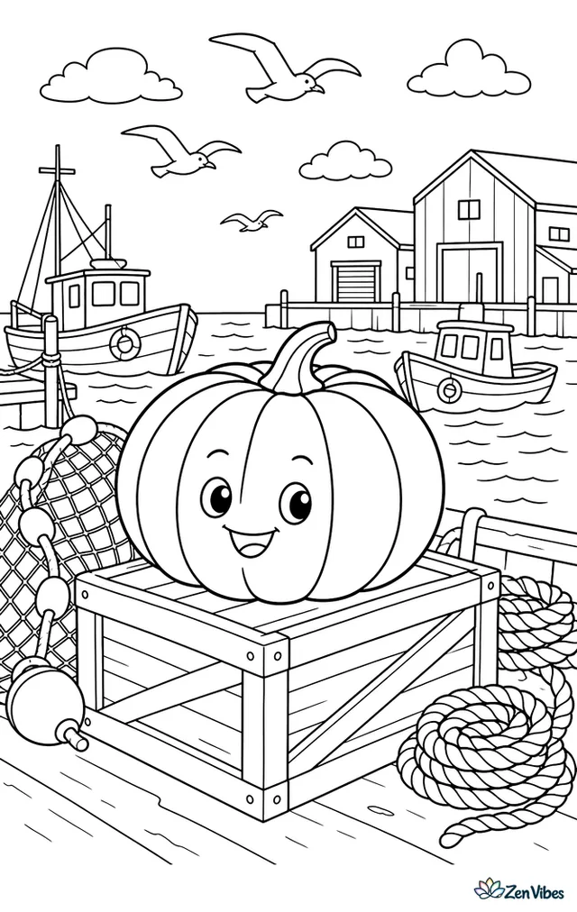 A Japanese black pumpkin rests on a dockside crate near fishing nets, coiled rope, gulls overhead, and bobbing boats, with rippling water and warehouses lining the harbor.