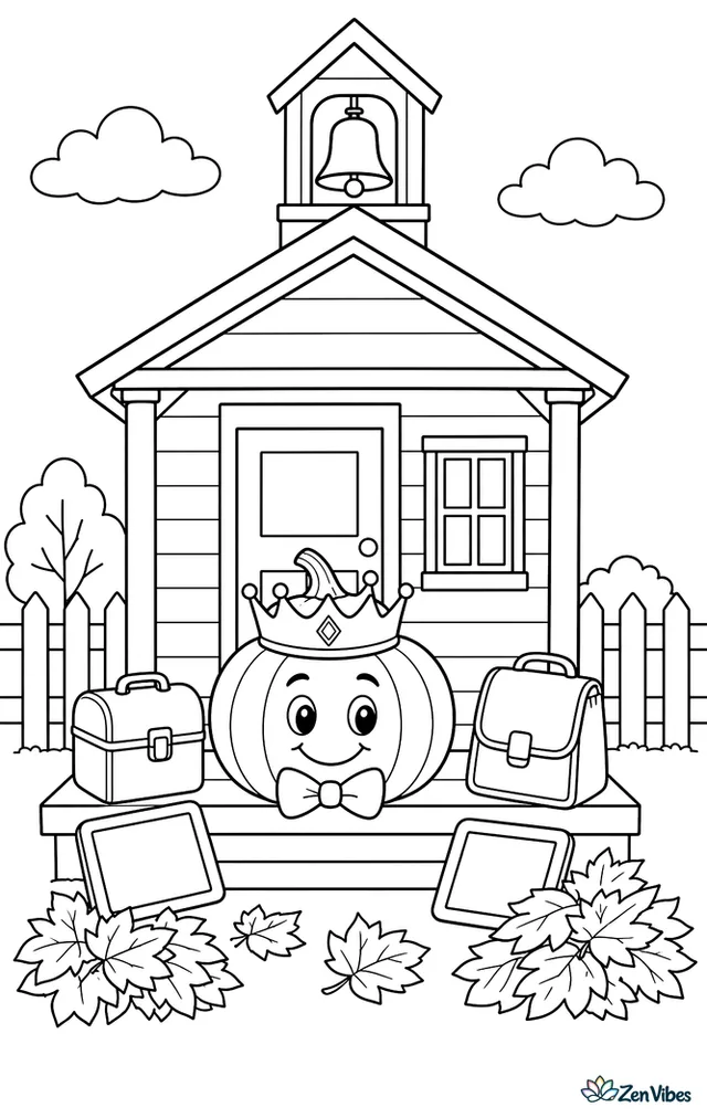A Blue Prince pumpkin decorates a one-room schoolhouse doorstep, accompanied by lunch pails, chalk slates, leaf piles, and a bell tower above the porch roof.
