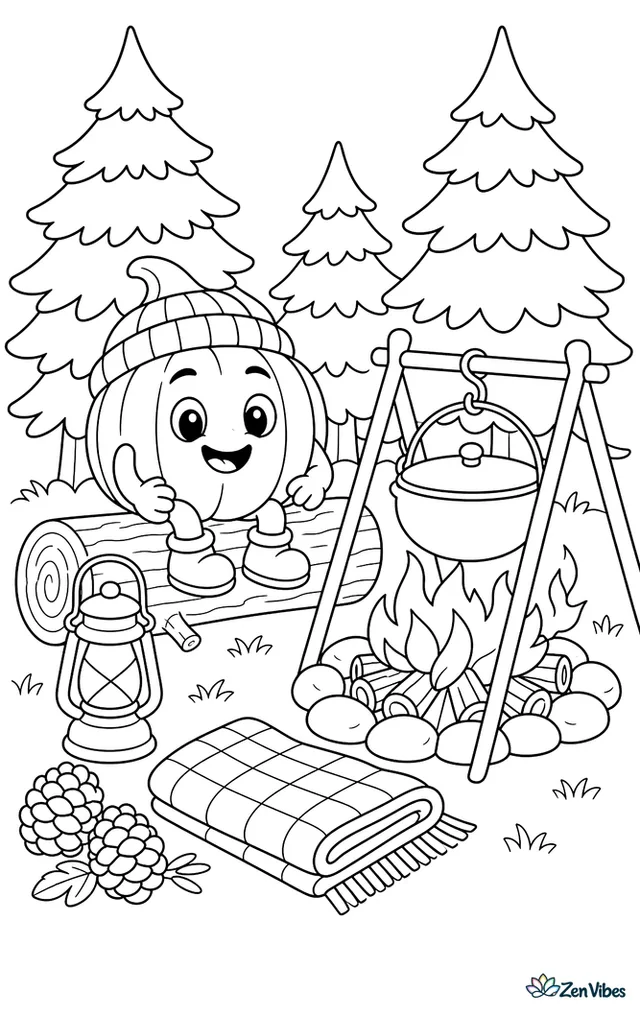 A small Hooligan pumpkin sits on a log near a campfire cooking pot, with pinecones, lantern, folded blanket, and tall fir trees surrounding a woodland campsite.