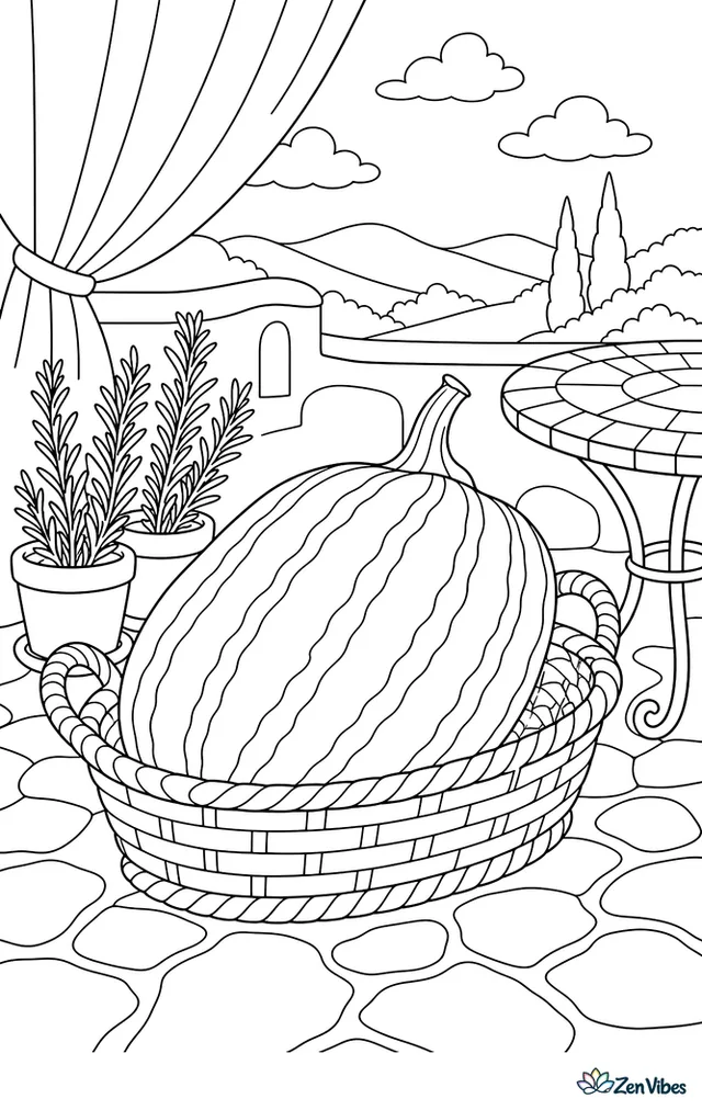 A green-striped cushaw pumpkin stretches across a stone terrace basket, beside rosemary pots, a mosaic table, fluttering curtains, and distant hills seen beyond a stucco railing.