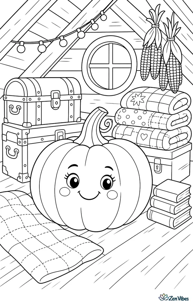 A Winter Luxury pumpkin rests in a cozy attic near trunks and quilts, with string lights, a round window, stacked books, and dried corn hanging from rafters.