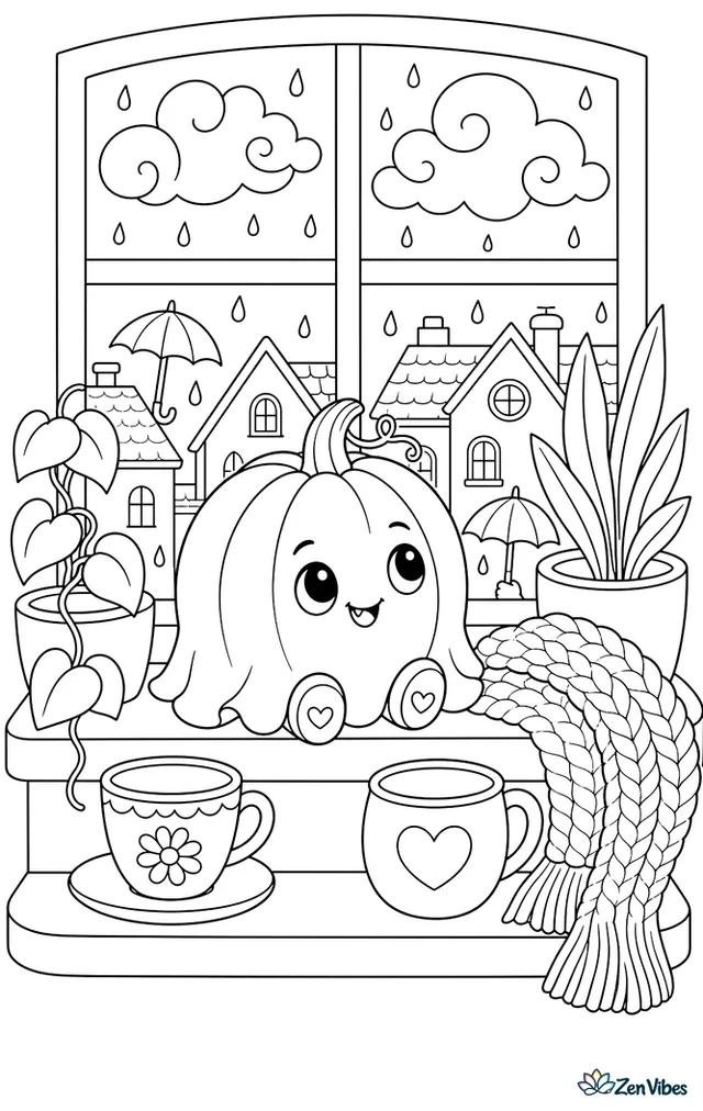 A tiny Baby Boo pumpkin sits on a windowsill watching raindrops, surrounded by teacups, a knitted scarf, houseplants, and rooftops outside under umbrellas and swirling clouds.