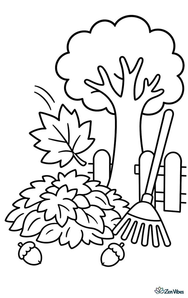 A red maple leaf is landing on a neat backyard leaf pile beside a wooden rake, with an oak tree, short fence, and two scattered acorns nearby on a crisp autumn afternoon.