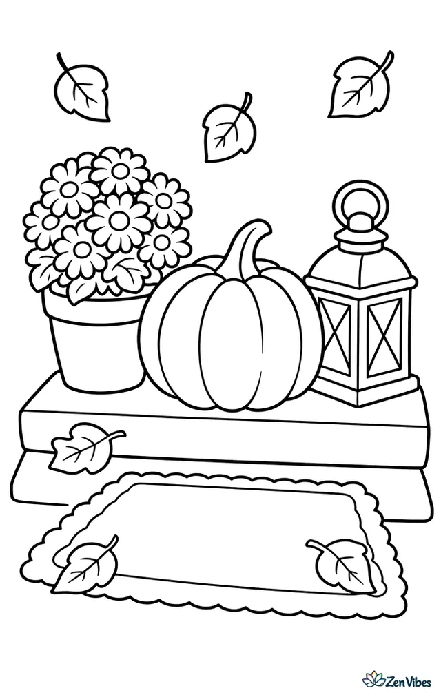 A round sugar pumpkin sits on a front porch step beside a lantern, with falling birch leaves, a doormat, and a small potted chrysanthemum creating a simple cozy fall scene.
