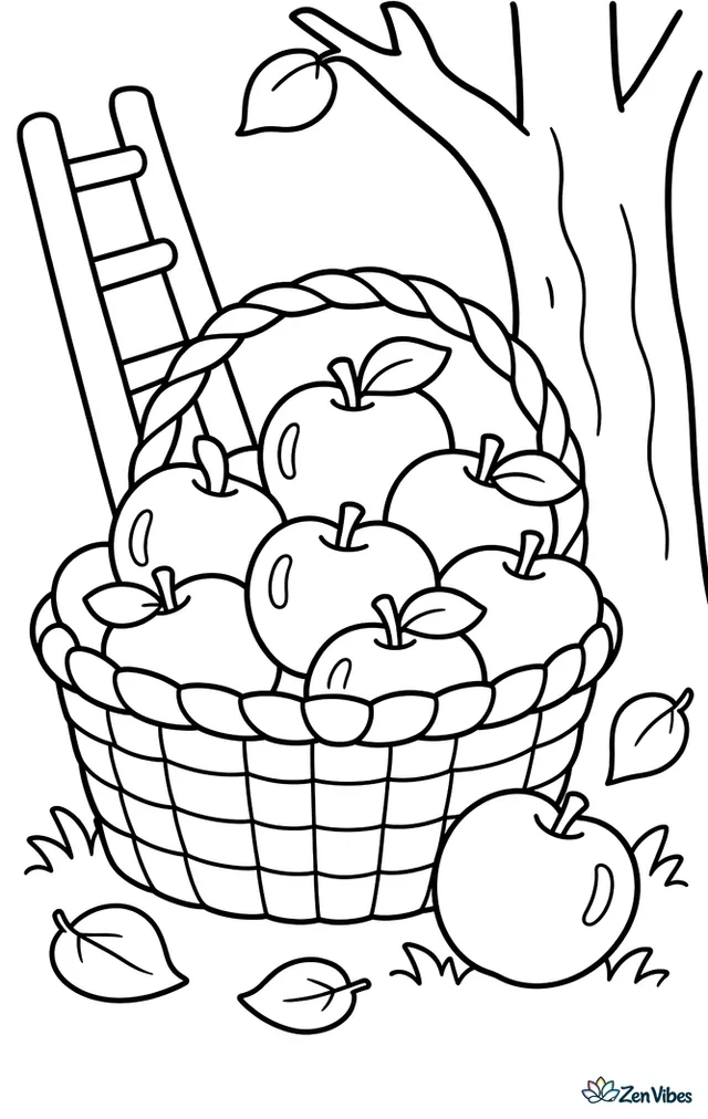 A woven basket full of Honeycrisp apples rests in an orchard while one apple rolls onto the grass, with a ladder, a tree trunk, and a few drifting leaves around it.