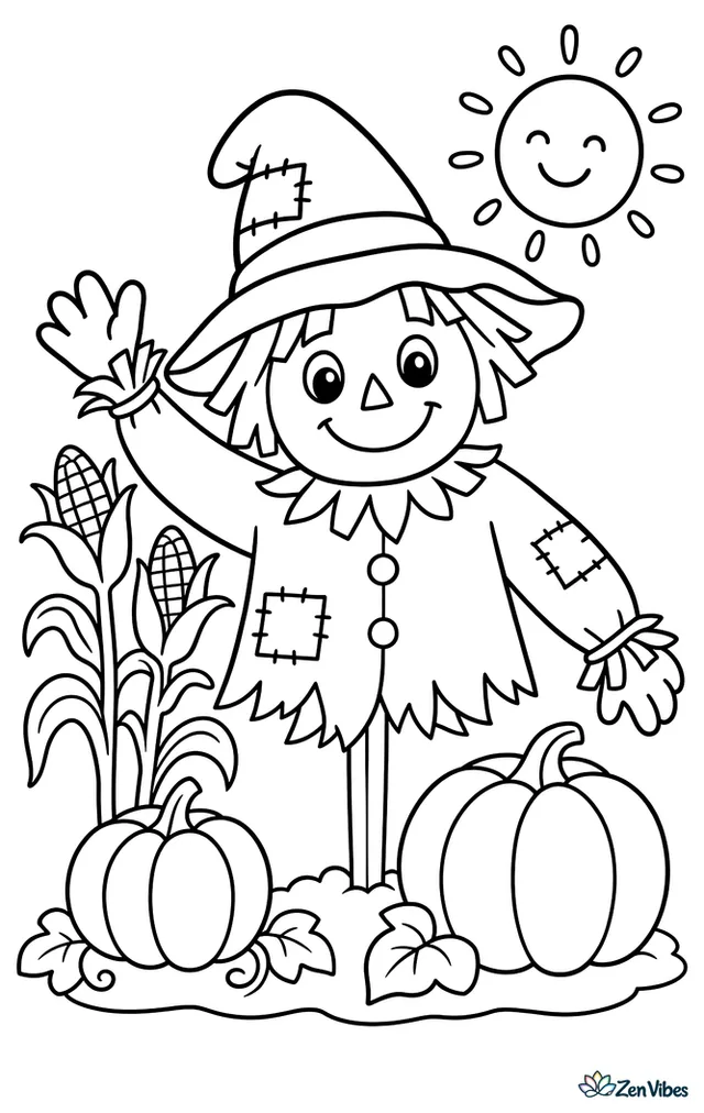 A friendly scarecrow is waving from a small vegetable patch, wearing a floppy hat and patchwork shirt, with cornstalks, a smiling sun, and two pumpkins nearby in a simple field.