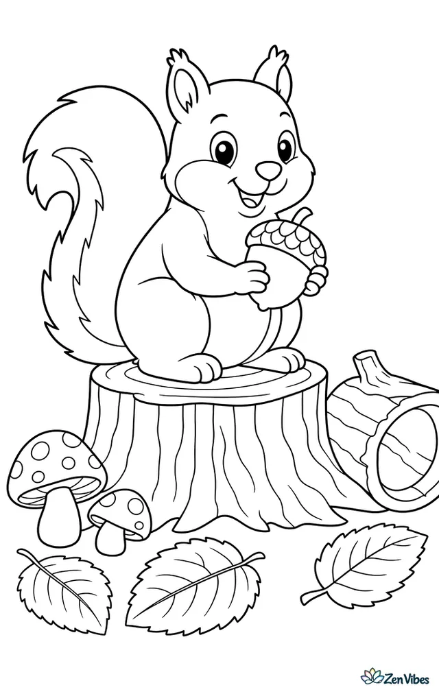 An eastern gray squirrel is holding an acorn on a tree stump, with mushrooms, fallen elm leaves, and a hollow log nearby in a calm woodland clearing.