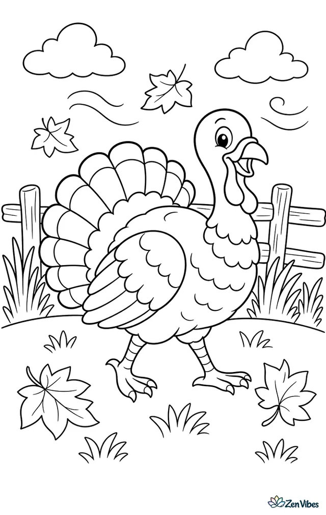 A wild turkey is strolling through a meadow with tail feathers partly fanned, passing tall grasses, fallen sycamore leaves, and a split-rail fence under a breezy autumn sky.