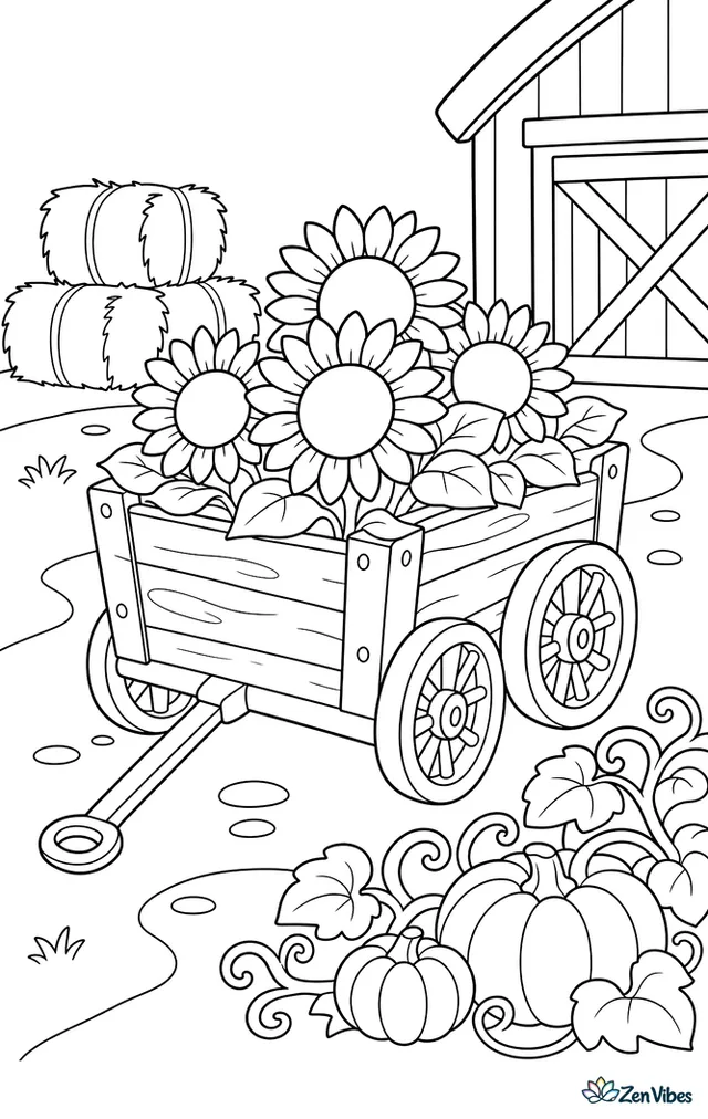 A wooden garden cart carries cut sunflowers across a farm path, with hay bales, a barn door, and curling pumpkin vines nearby during a bright fall harvest morning.