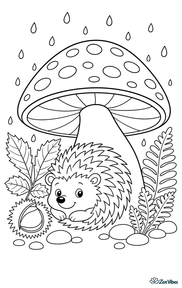 A hedgehog is curling beneath a large woodland mushroom while light rain falls, with chestnut leaves, pebbles, and a fern cluster surrounding the tiny shelter.