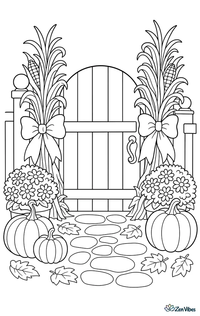 A garden gate is decorated with bundled cornstalks and a bow, framed by pumpkins, potted asters, and fallen poplar leaves along a tidy stone path.