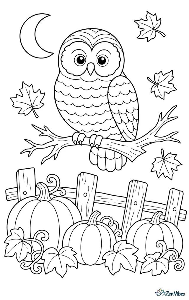 A barred owl is perched on a bare branch above a pumpkin patch, with a crescent moon, drifting maple leaves, and a weathered fence below in quiet evening air.