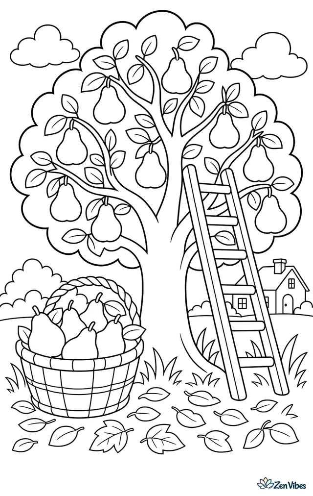 A ladder leans against a pear tree while ripe Bartlett pears fill a basket below, surrounded by fallen leaves, tall grass, and a distant farmhouse under soft autumn clouds.
