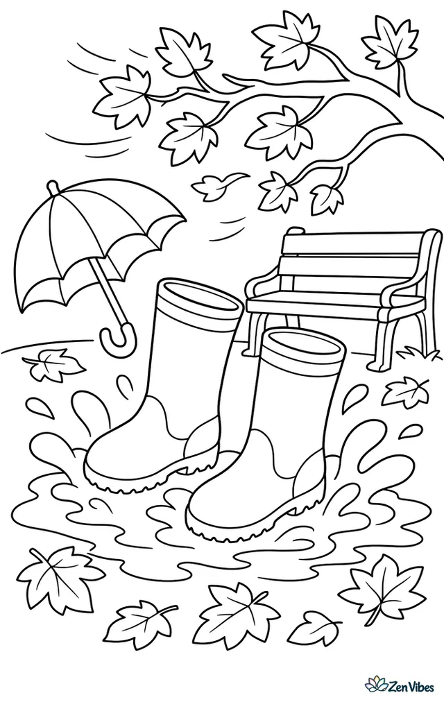 A pair of rain boots is splashing through a shallow puddle on a leaf-covered sidewalk, with an umbrella, park bench, and windy plane tree branches nearby.