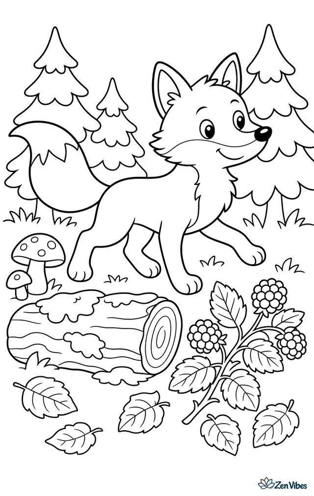 A red fox is trotting past a mossy log in the forest, with mushrooms, blackberry brambles, scattered beech leaves, and distant pine trees filling the autumn woodland scene.